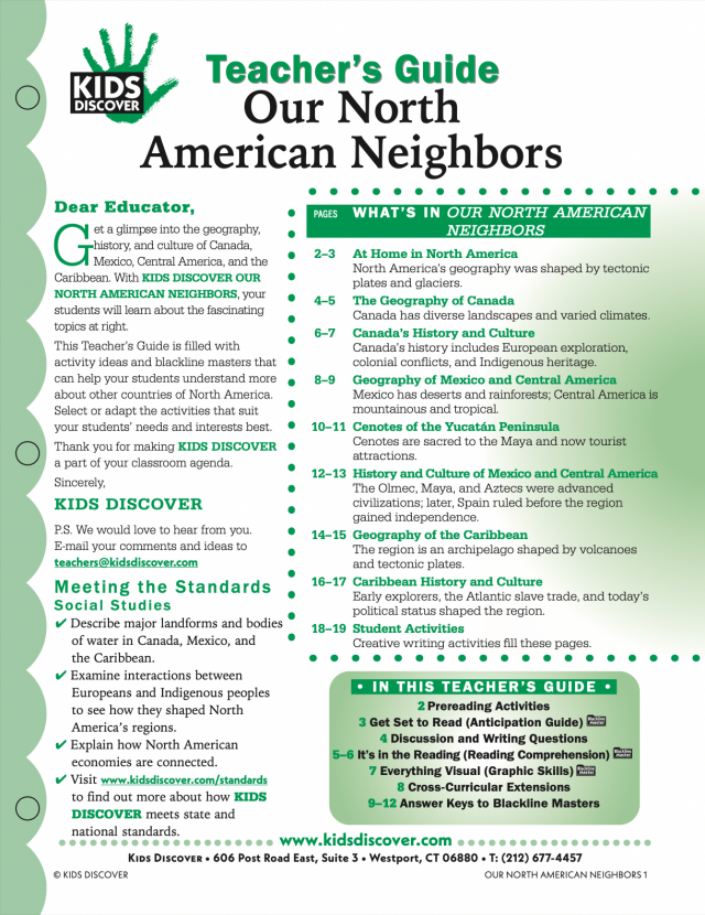 Explore the geography, history, and culture of Canada, Mexico, Central America, and the Caribbean with Kids Discover Our North American Neighbors. This guide offers activities and resources to help students learn about the countries of North America and engage with their unique features and traditions.