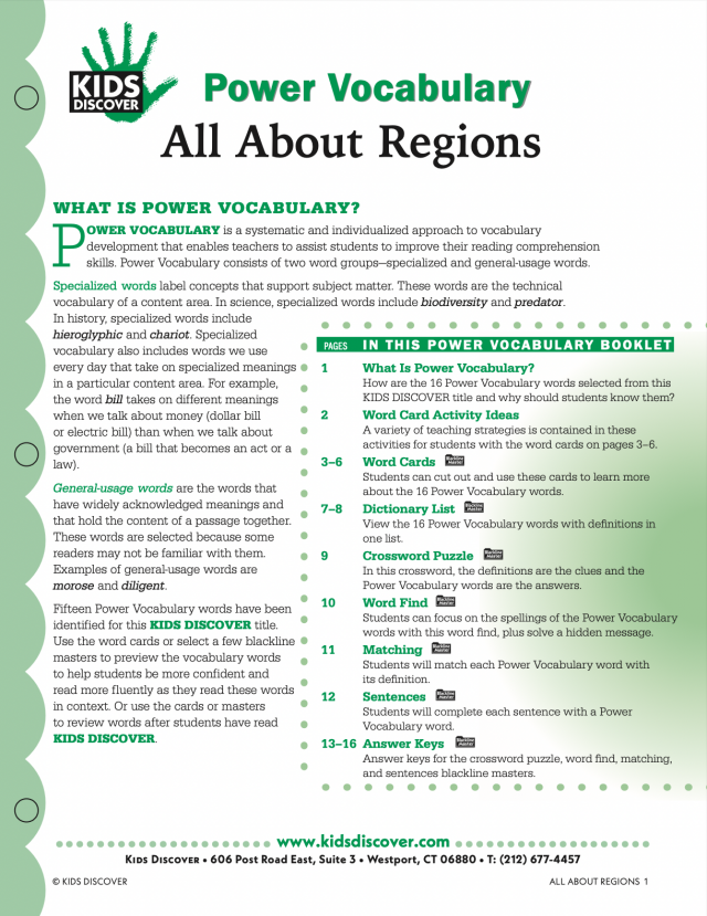 This free Vocabulary Packet for Kids Discover All About Regions is a systematic and individualized approach to vocabulary development and enables teachers to assist students in improving their reading comprehension skills.