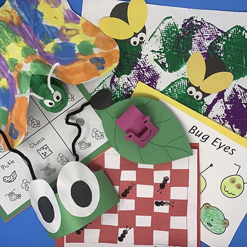 Creepy crawlies units compiled together showing an ant hat, a slug on a leaf, ants on a table, a caterpillar painting, and various worksheets