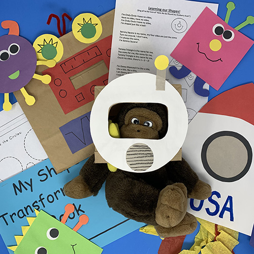 Exploring space and shapes projects compiled together, showing a monkey with a helmet, various paper space aliens, and worksheets