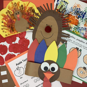 Give Thanks projects compiled together, showing a turkey hat, a turkey painting, a hedgehog art piece, and various worksheets