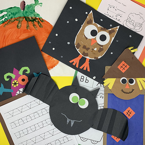 Fall Fun projects compiled together showing, a bat art piece, an owl piece, a paper bag scarecrow, and various worksheets