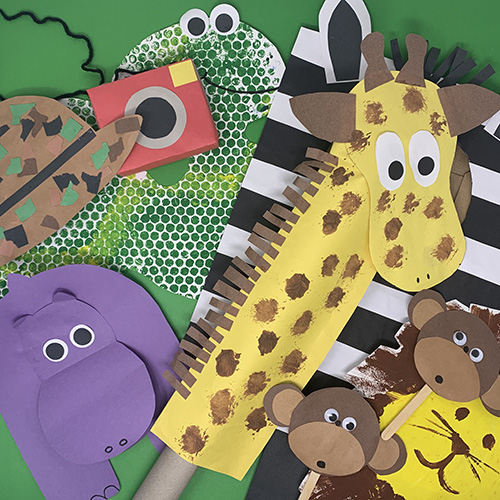 Wild Animals projects compiled together showing a giraffe, a hippo, a snake painting, monkeys, and a safari hat