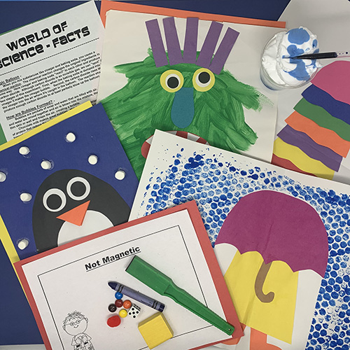 World of science projects compiled together showing an umbrella in the rain painting, a penguin, a fun monster, and various worksheets