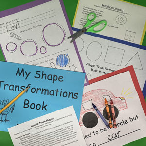 Worksheets showing shapes and fun drawings for My Shape Transformation Book
