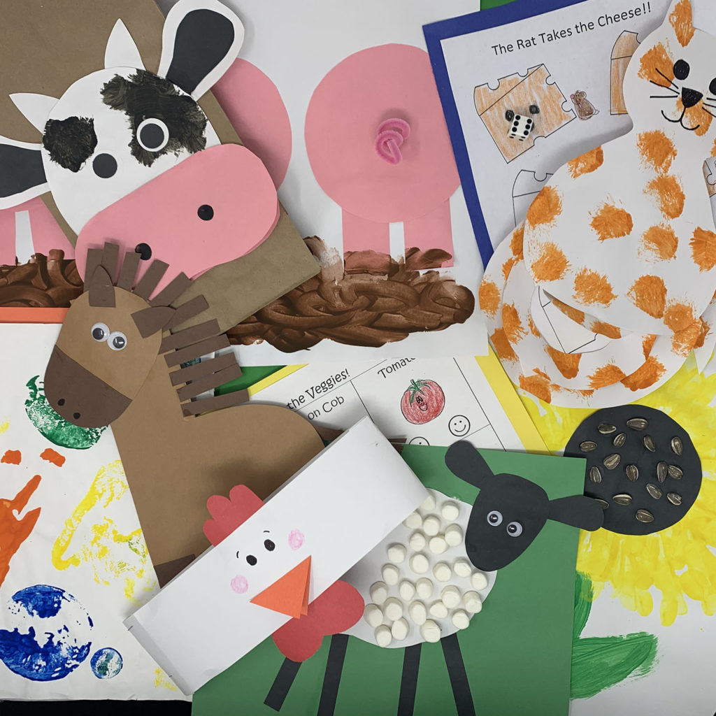 Down On The Farm learning block showing fun crafts depicting farm animals, and worksheets
