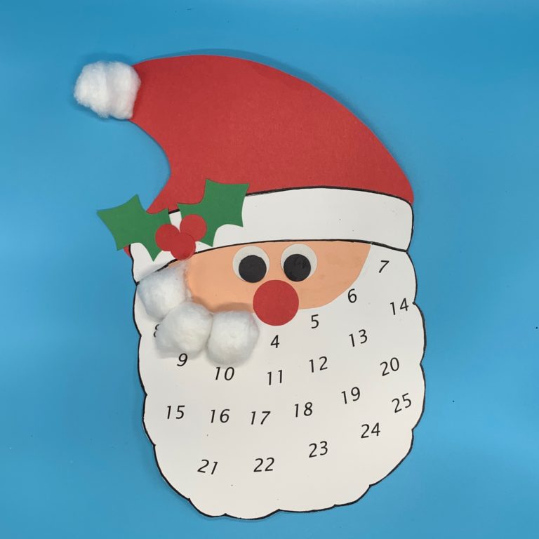 Countdown Santa project with a paper cutout santa that has a cotton ball beard