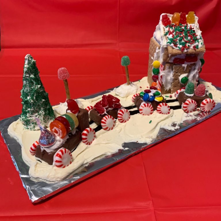 Gingerbread Train made of gingerbread, peppermint candies, frosting, and lots of candy